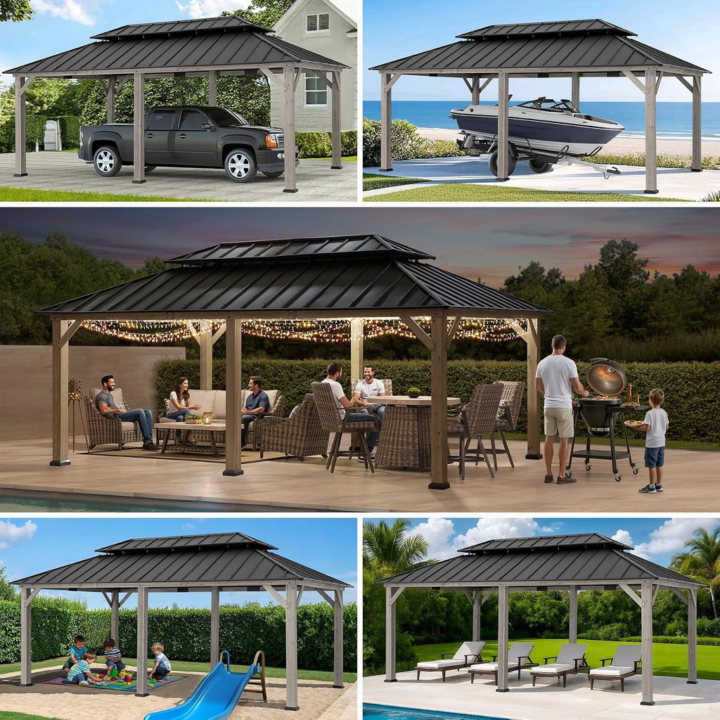 Sunjoy 12 x 20 ft. Wood Gazebo, Outdoor Patio Steel Hardtop Gazebo, Cedar Framed Wooden Gazebo with 2-Tier Metal Roof, Suitable for Patios, Lawn and Backyard, Matte Black Roof + Gray Wood Frame