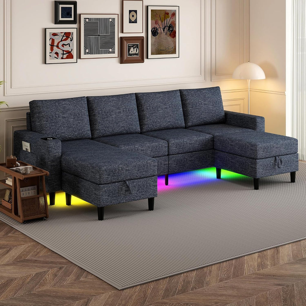 Sectional Couches for Living Room, 4 Seat Sectional Sofa with Smart Module-Wireless Charging/USB/Type-C/RGB Light, U Shaped Couch with Reversible Chaise Lounge/Storage Ottoman (Blue)