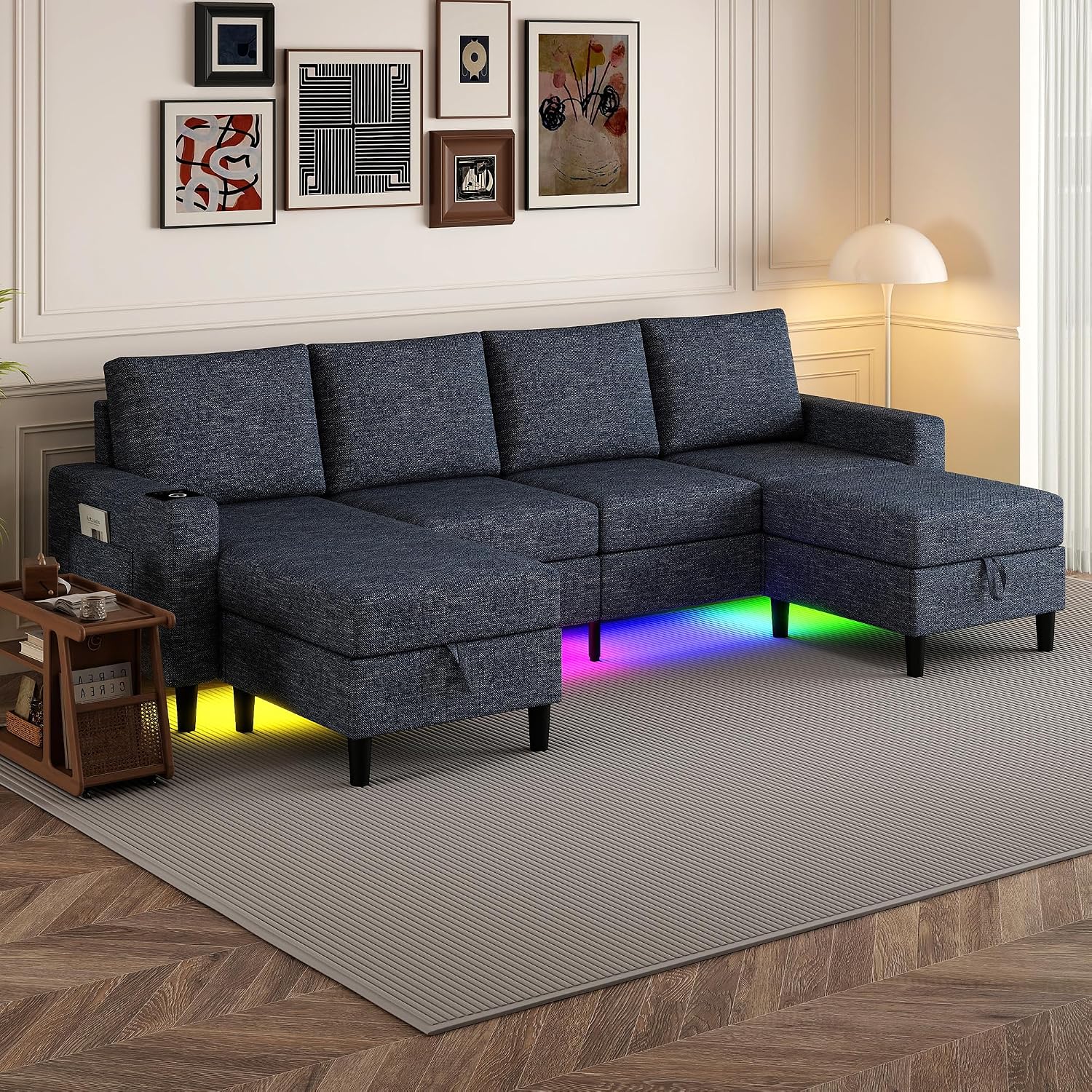 Sectional Couches for Living Room, 4 Seat Sectional Sofa with Smart Module-Wireless Charging/USB/Type-C/RGB Light, U Shaped Couch with Reversible Chaise Lounge/Storage Ottoman (Blue)