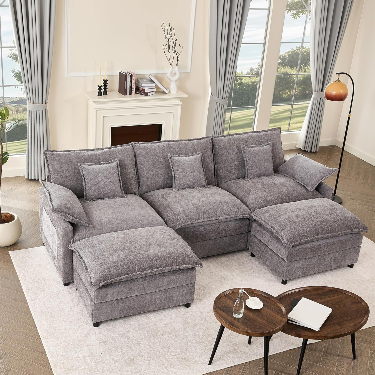 GOSUHI 108' U Shaped Couch, Modular Sectional Sofa, 3-Seater Comfy Cloud Couch, Set of Modular Pieces with Movable Ottoman, Deep Seat Couches for Living Room, Chenille, Slate