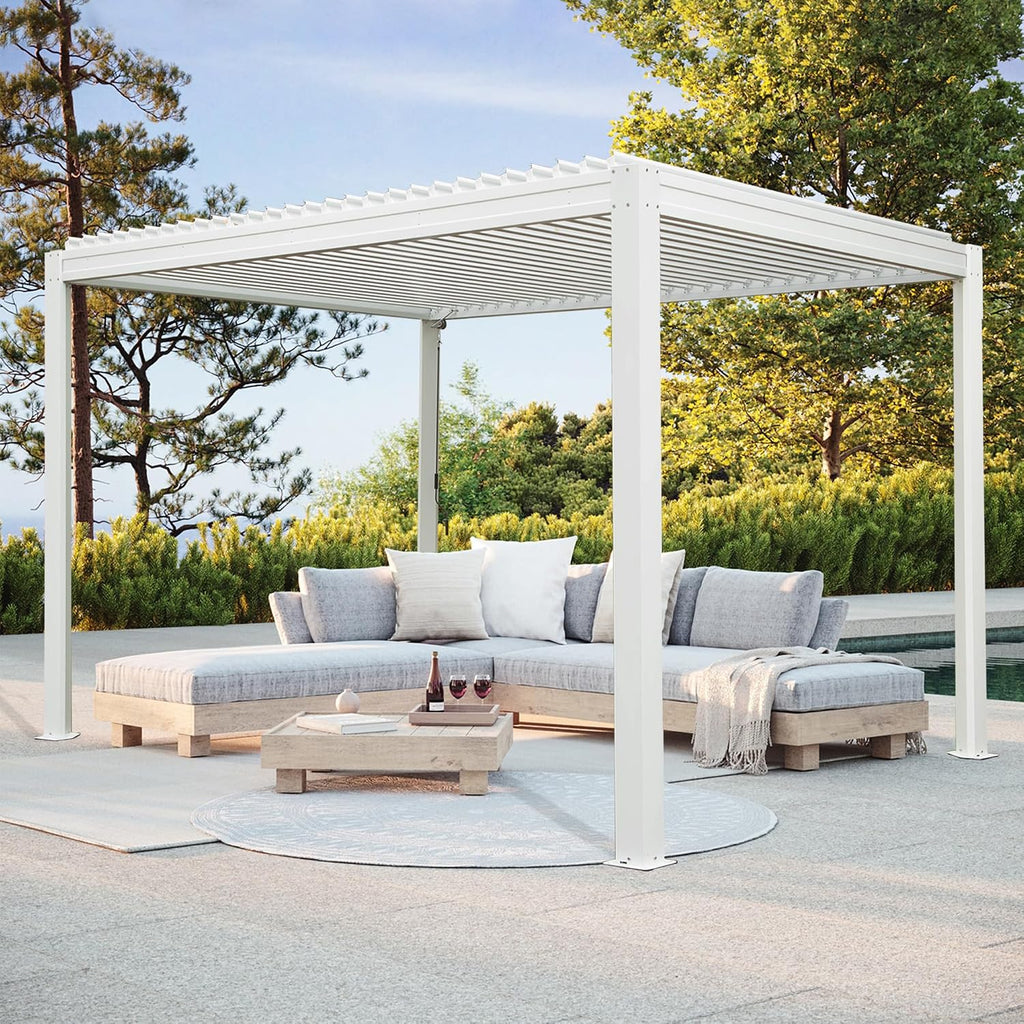 Domi Outdoor Pergola 10' x 10' Aluminum Louvered Pergola with Adjustable Roof, Aluminum Frame, Efficient Drainage System for Patio, Deck, Garden, White