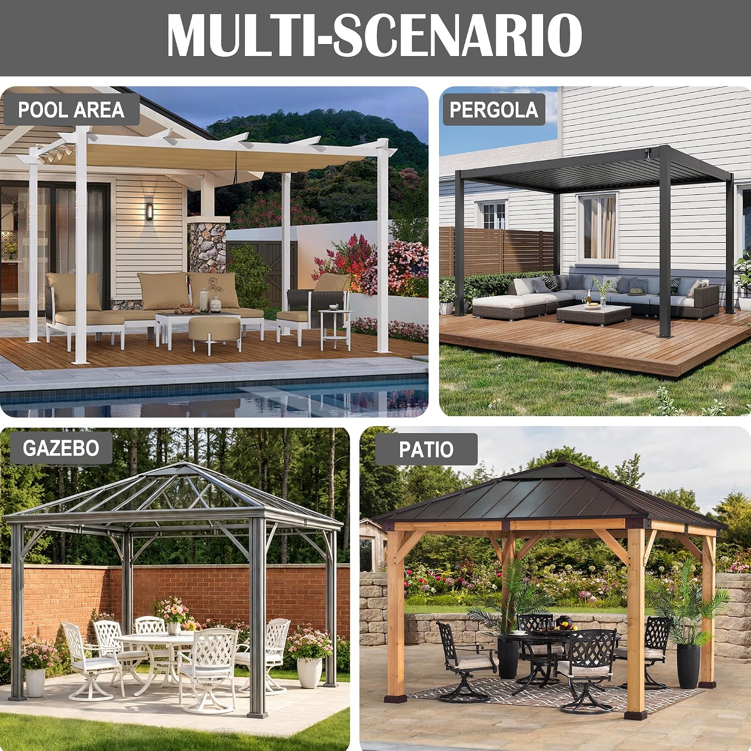 Gazebo Privacy Curtains 10' x 12' with Zipper 4-Panels Side Wall Universal Replacement for Patio, Outdoor Canopy, Garden and Backyard Gray and Black (Curtain Only)