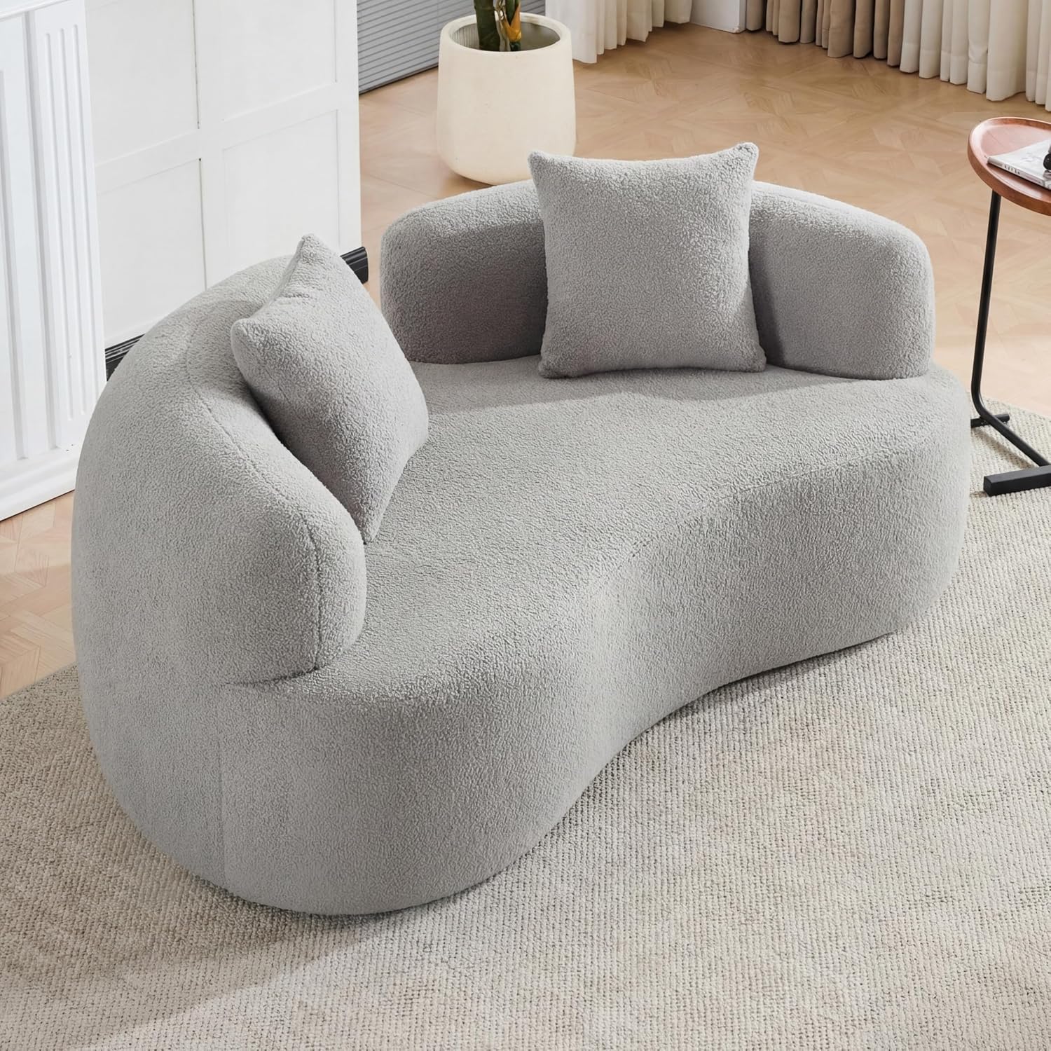 67' Curved Loveseat Sofa for Living Room, Curved Deep Seat Cloud Loveseat with 2 Throw Pillows, Teddy Fabric Modern Loveseat for Small Spaces, Grey Loveseat, No Assembly Required