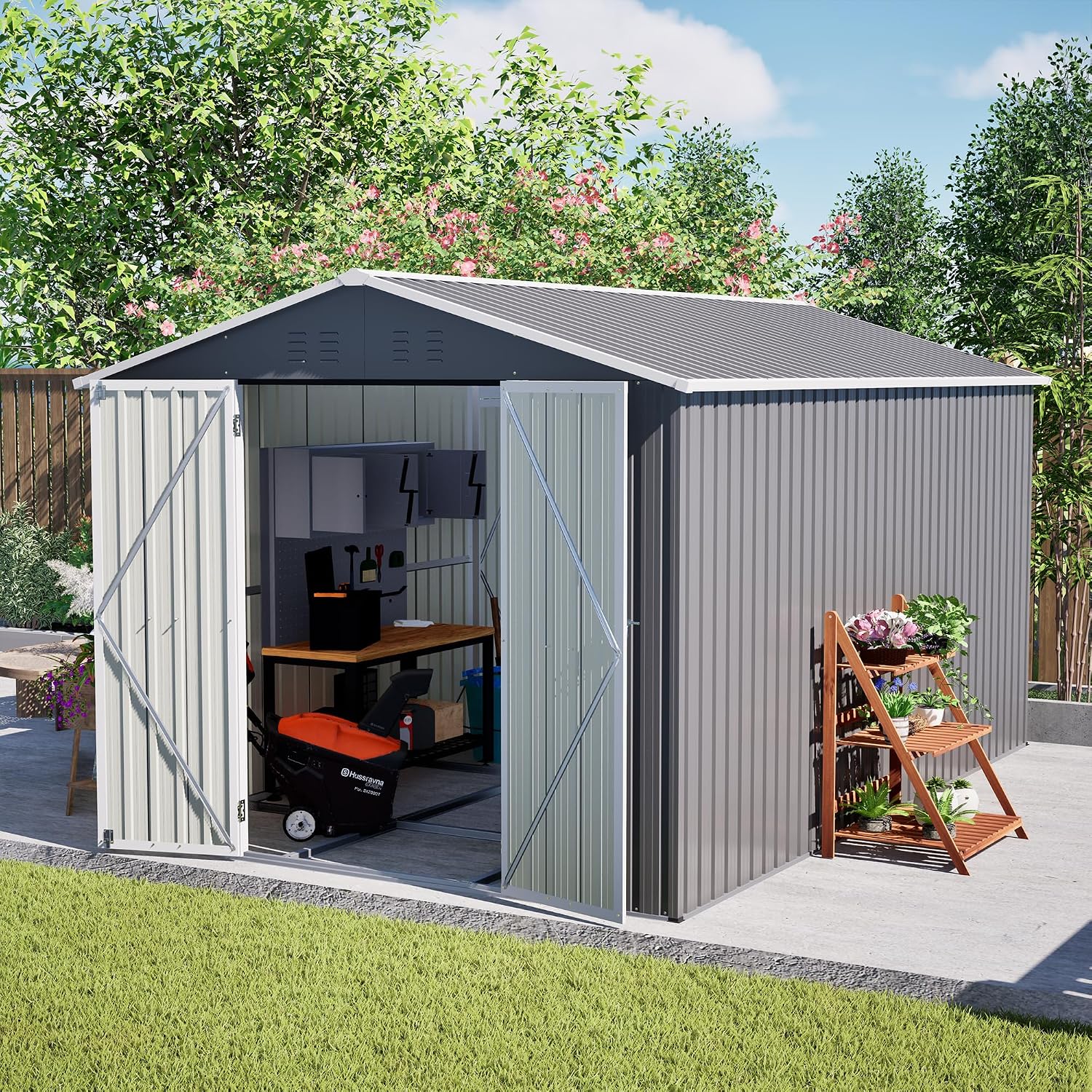 8x12 Ft Large Metal Outdoor Storage Shed with Floor Frame & Lock, Durable Waterproof & Windproof Tool Shed for Garden, Backyard, Patio