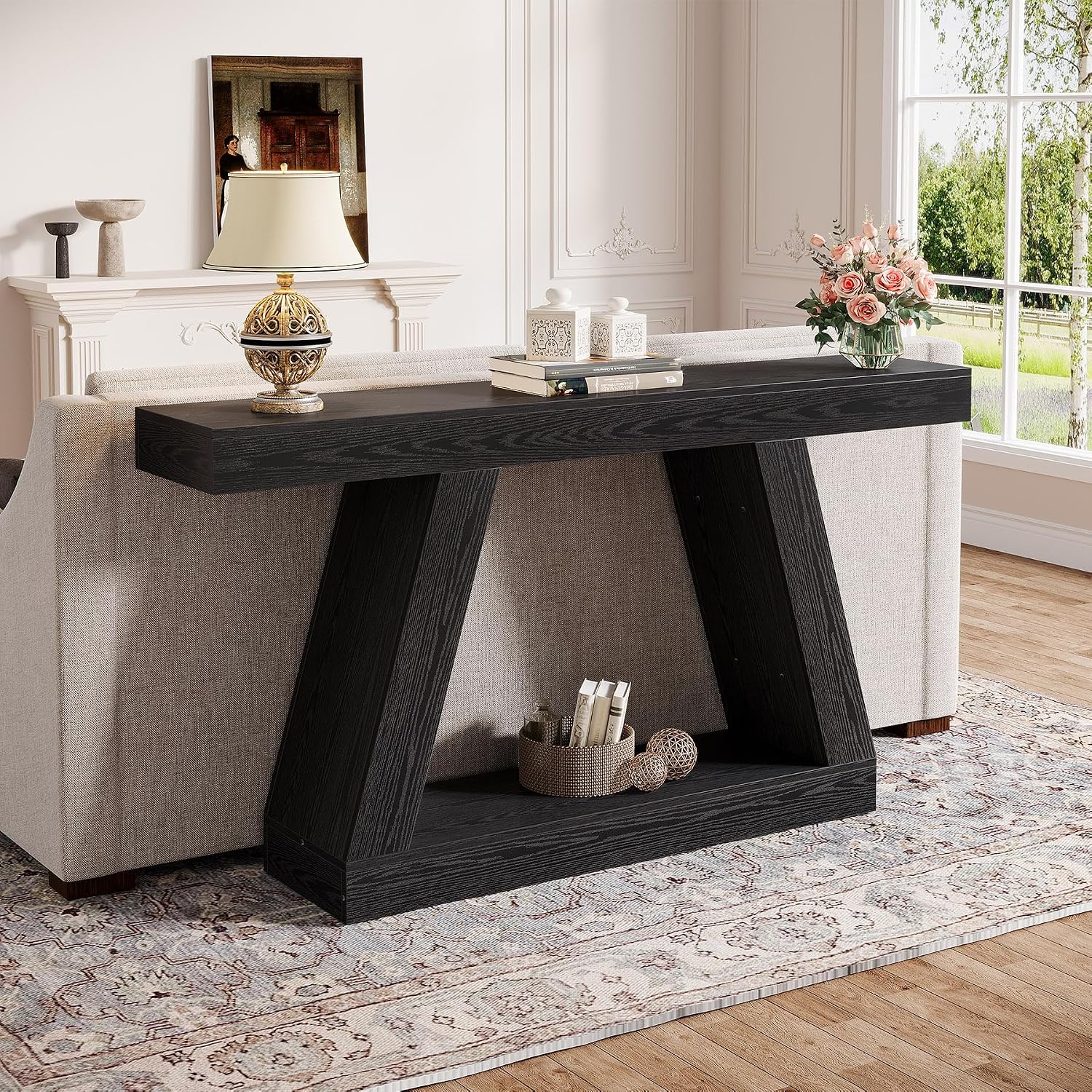 Tribesigns Farmhouse Console Table, 55-Inch Rustic Sofa Table with Storage, Industrial Wooden Entryway Table for Hallway, Living Room, Black