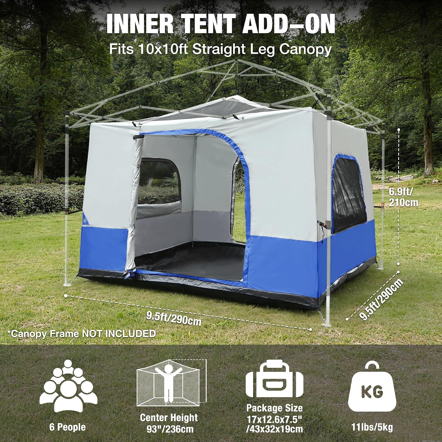 REDCAMP Canopy Camping Tent for Pop Up Canopy Tent, Inner Tent Converts Straight Leg 10'x10' or 10'x20' Canopy into Camping Tent, Fits 4-6 Person(Frame/Shelter NOT Included)