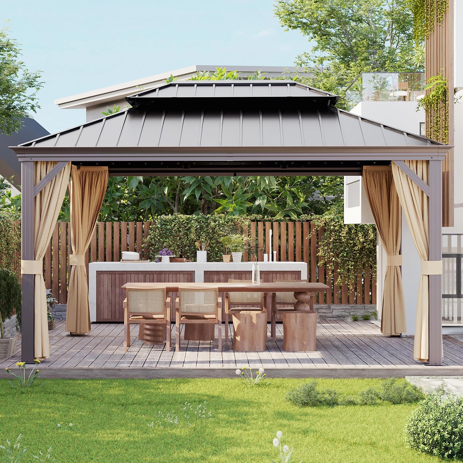 Joyside 10' X 14' Double-Tier Hardtop Gazebo, Aluminum Metal Gazebo with Reinforced Galvanized Steel Roof Curtain and Netting, Permanent Gazebo Pavilion for Patio, Backyard, Deck, Lawn