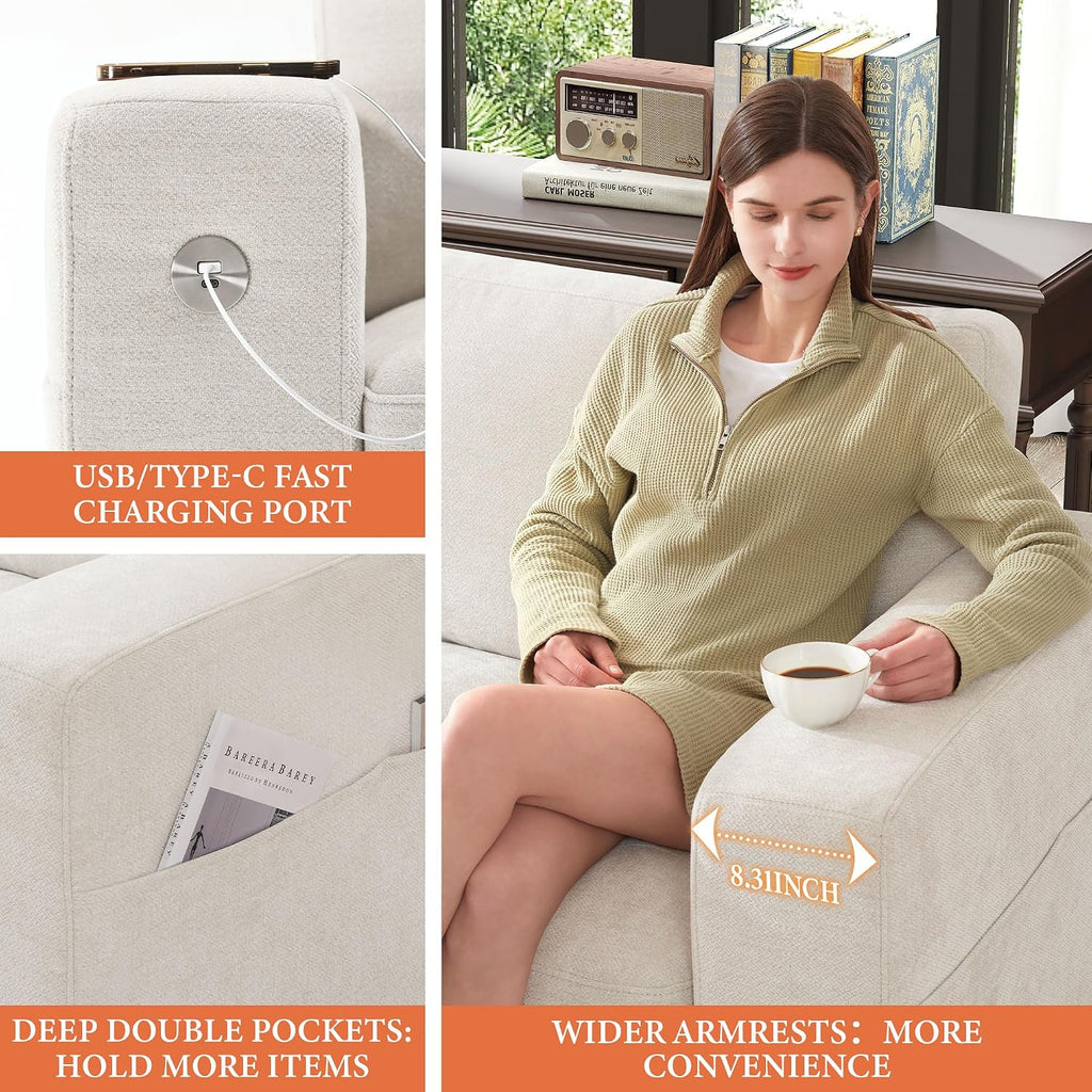 Ihanherry Modern Sofa Living Room Loveseat with USB/Type-C Charging Port, Comfy 2-Seats Chenille Recliner Sofa for Small Space, Removable Medium Firm Sofa Cushion, (70inch, Beige)