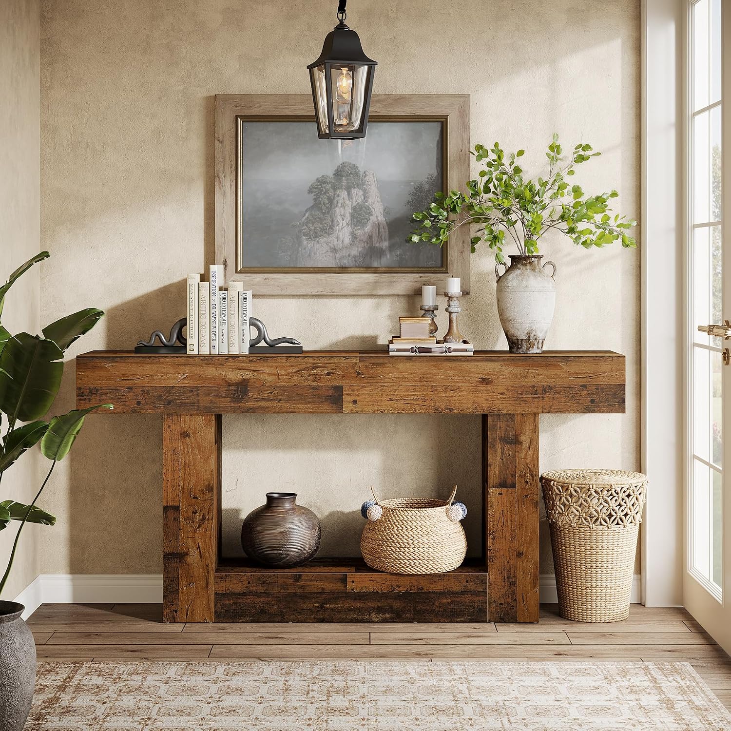 Tribesigns 63-Inch Long Console Table, 2-Tier Entryway Table Sofa Table with Storage, Farmhouse Wood Behind Couch Table for Living Room, Hallway, Rustic Mixed Brown