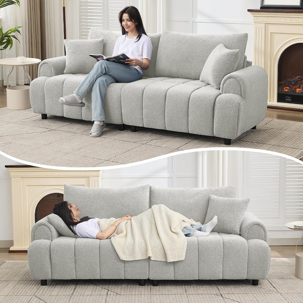 88 'Modern Boucle Sofa Couch, Oversized Comfy 3 Seater Sherpa Curved Sofas Deep Seat, Upholstered Loveseat Teddy Round Arm Couches for Living Room, Bedroom, Light Grey