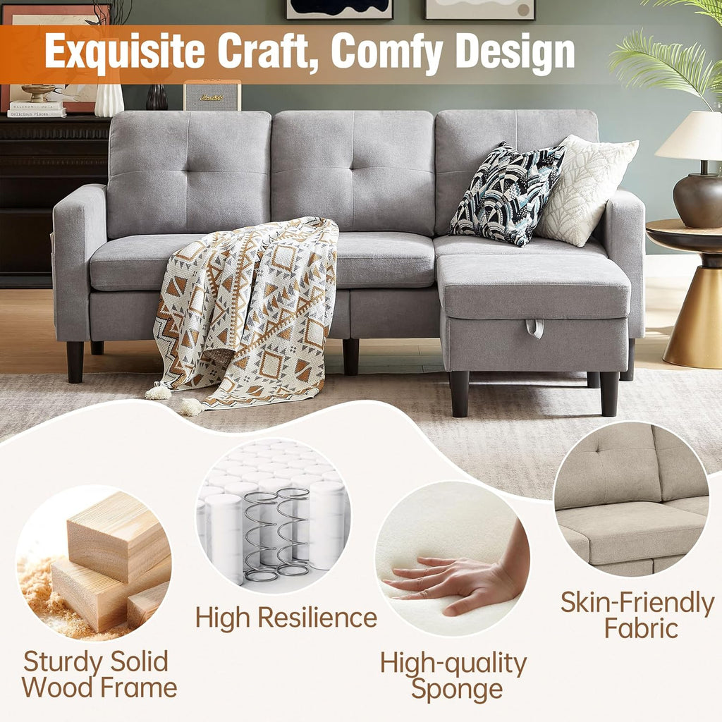 80' Convertible Sectional Sofa Couch with Movable Ottoman, 3 Seats Sectional Sofas L Shaped Couch for Small Spaces, Soft Fabric Couch for Living Room (Light Grey)