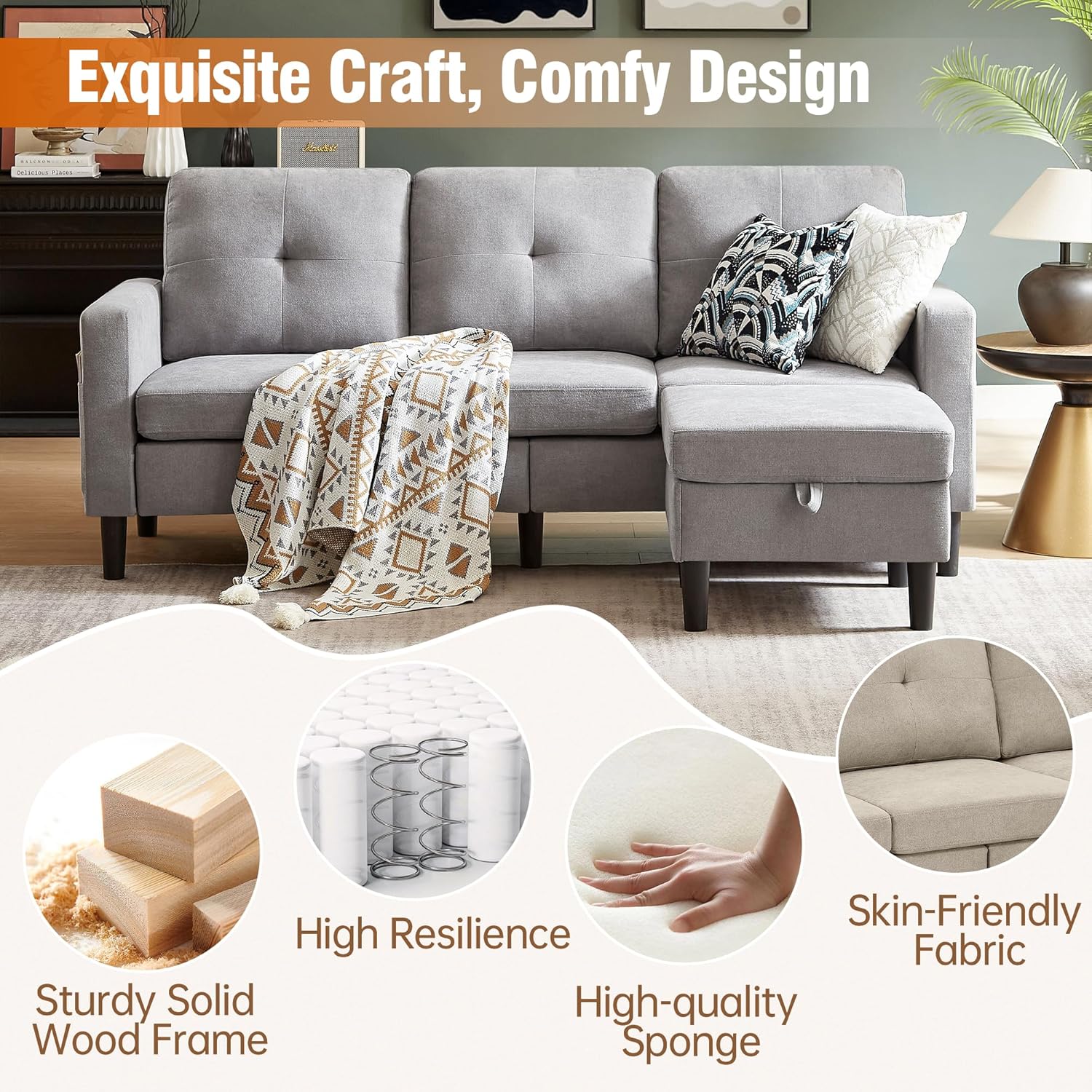 80' Convertible Sectional Sofa Couch with Movable Ottoman, 3 Seats Sectional Sofas L Shaped Couch for Small Spaces, Soft Fabric Couch for Living Room (Light Grey)