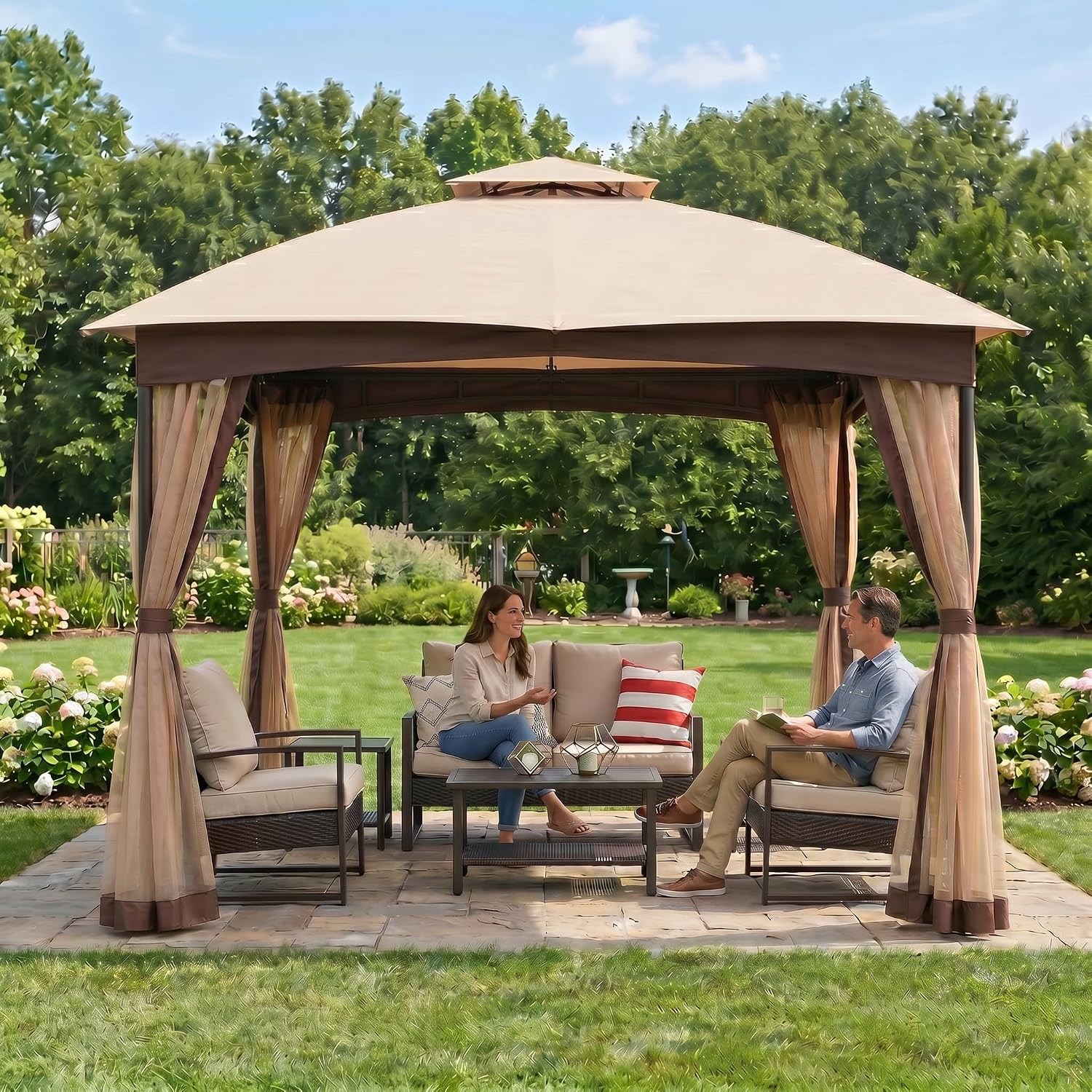 FAB BASED 10x10 Gazebo for Patio, Double Vent Canopy Gazebo with Netting, Screen Patio Gazebo Heavy Duty (Khaki)
