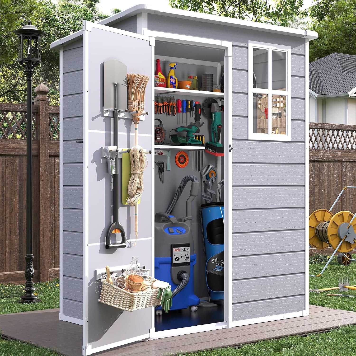 Resin Storage Sheds with Floor, 5x3FT Plastic Garden Shed with Lockable Door, Window, Waterproof, Outdoor Tool Storage for Bike, Garbage Can, Light Grey