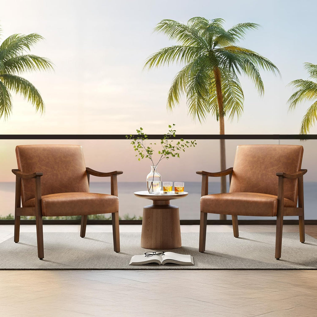 Yaheetech PU Leather Accent Chair, Mid-Century Modern Armchair with Solid Wood Legs, Reading Leisure Chair with High Back for Living Room Bedroom Waiting Room, Set of 2, Brown