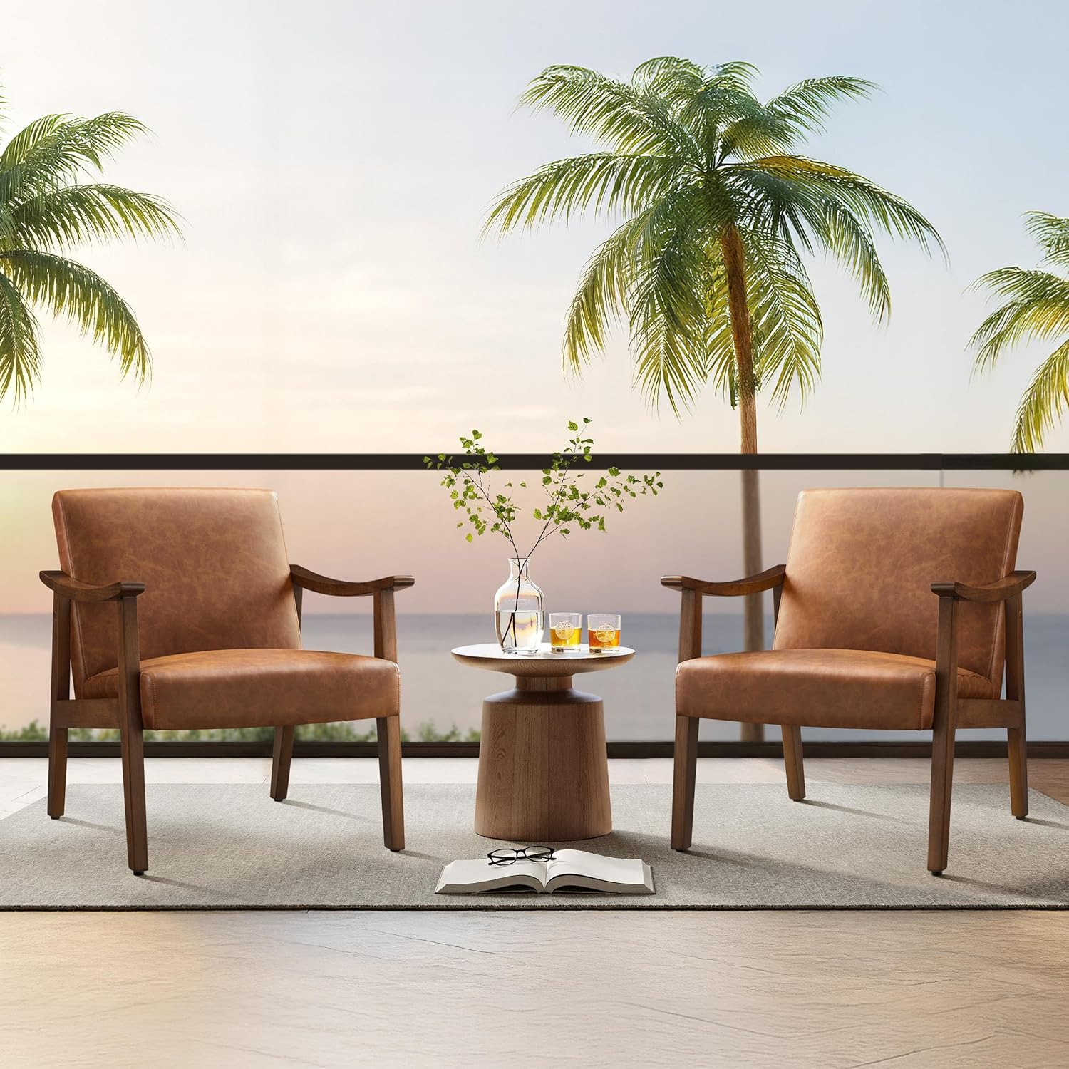 Yaheetech PU Leather Accent Chair, Mid-Century Modern Armchair with Solid Wood Legs, Reading Leisure Chair with High Back for Living Room Bedroom Waiting Room, Set of 2, Brown