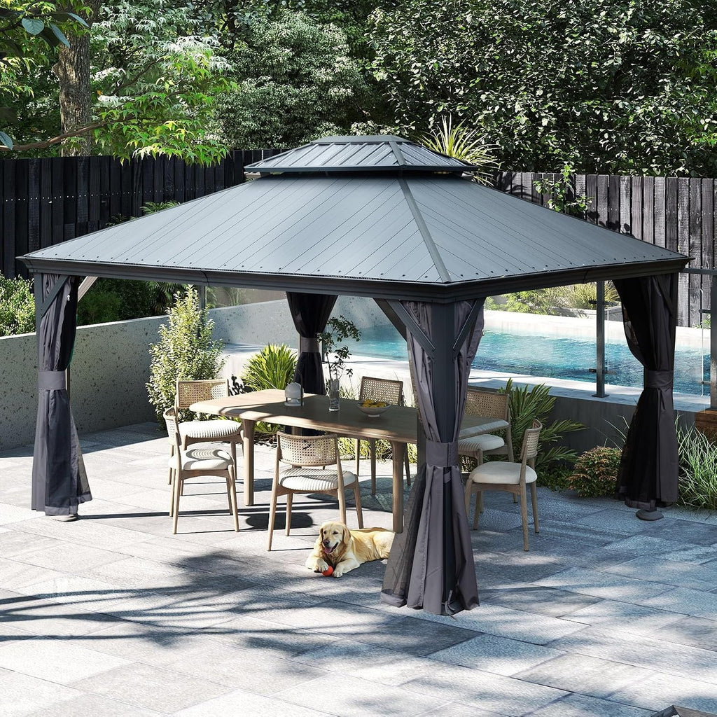 Outdoor Hardtop Gazebo for Patio 10x12FT with Resin-Galvanized Steel Roof, Metal Hard Top Gazebo with Gutters, Heavy Duty Gazebos All Season with Curtains & Netting, for Deck, Backyard, Hot Tub