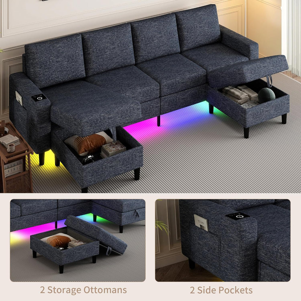 Sectional Couches for Living Room, 4 Seat Sectional Sofa with Smart Module-Wireless Charging/USB/Type-C/RGB Light, U Shaped Couch with Reversible Chaise Lounge/Storage Ottoman (Blue)