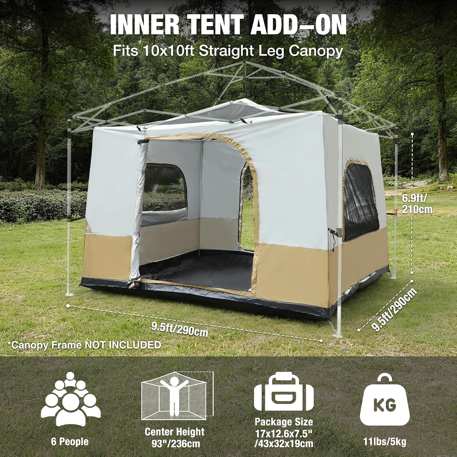 REDCAMP Canopy Camping Tent for Pop Up Canopy Tent, Inner Tent Converts Straight Leg 10'x10' or 10'x20' Canopy into Camping Tent, Fits 4-6 Person(Frame/Shelter NOT Included)