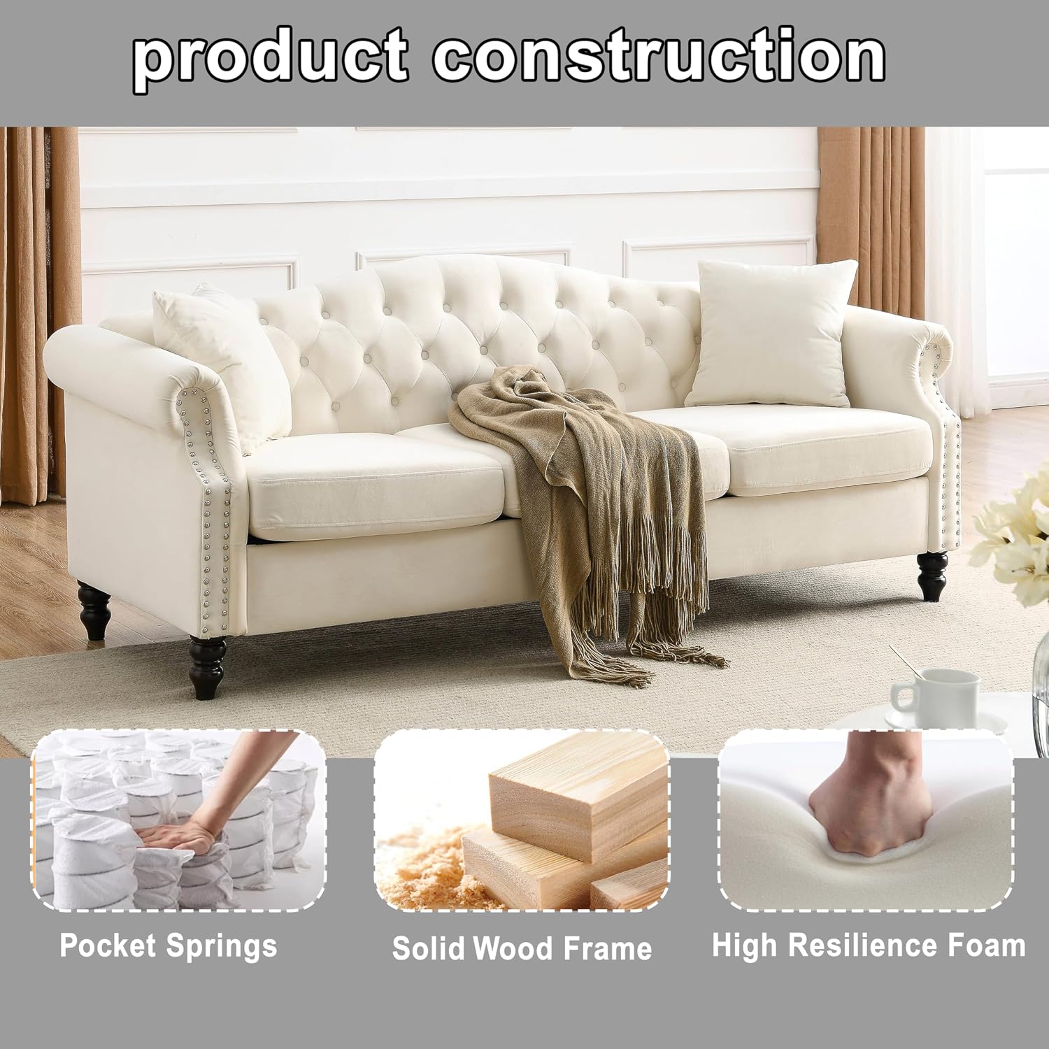 2 Piece Modern Beige Velvet 79' 3-Seater Sofa Sets, Chesterfield Button Tufted Nailhead Combination Couch with 4 Pillows, Trimming Curved Backrest & Rolled Arm Sofa for Living Room