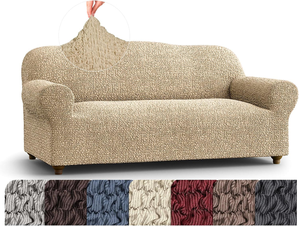 PAULATO BY GA.I.CO. Stretch Armchair Cover - Sofa Slipcover - Loveseat Slipcover - 1-Piece Form Fit Washable Protector for Pet - Mille Righe Collection - Beige (64'-85' Wide)