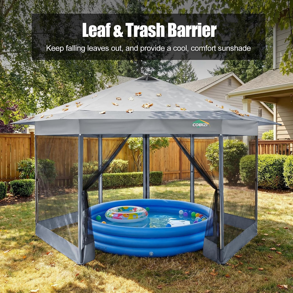 COBIZI 14x14 Pop Up Gazebo Tent with Mosquito Netting, Gazebos on Clearance, Hexagonal Outdoor Canopy Shelter, Patented Center Lock 6-Sided Portable Gazebos, Pop Up Canopy Tent for Backyard, White