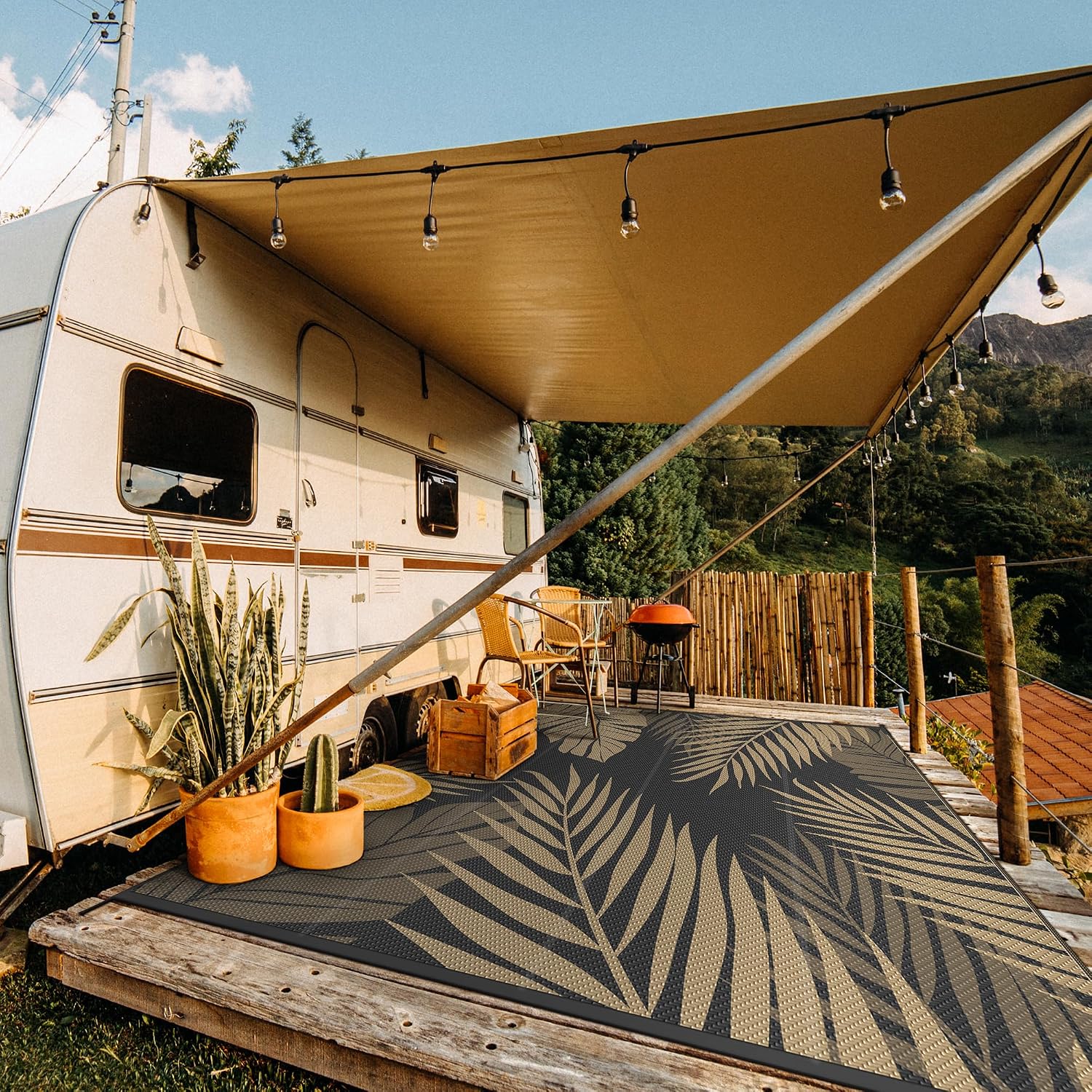 GENIMO Outdoor Rug 10' x 10' Waterproof for Patios Clearance, Reversible Outdoor Plastic Straw Camping Rug Carpet, Large Area Rugs Mats for RV, Camper, Deck, Balcony, Porch, Beach, Picnic, Black&Brown