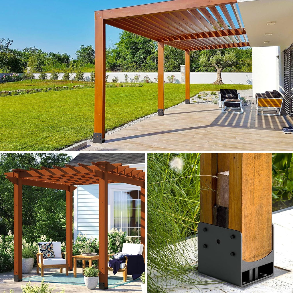 Heavy Duty Stainless Steel Post Base Anchor Bracket for 6'x6' Post with Air Flow Channel, U-Shaped Post Holder Bracket with Rebars for Concrete Foundation, Wood Gazebo, Pergola, 4Pack[Patent Pending]