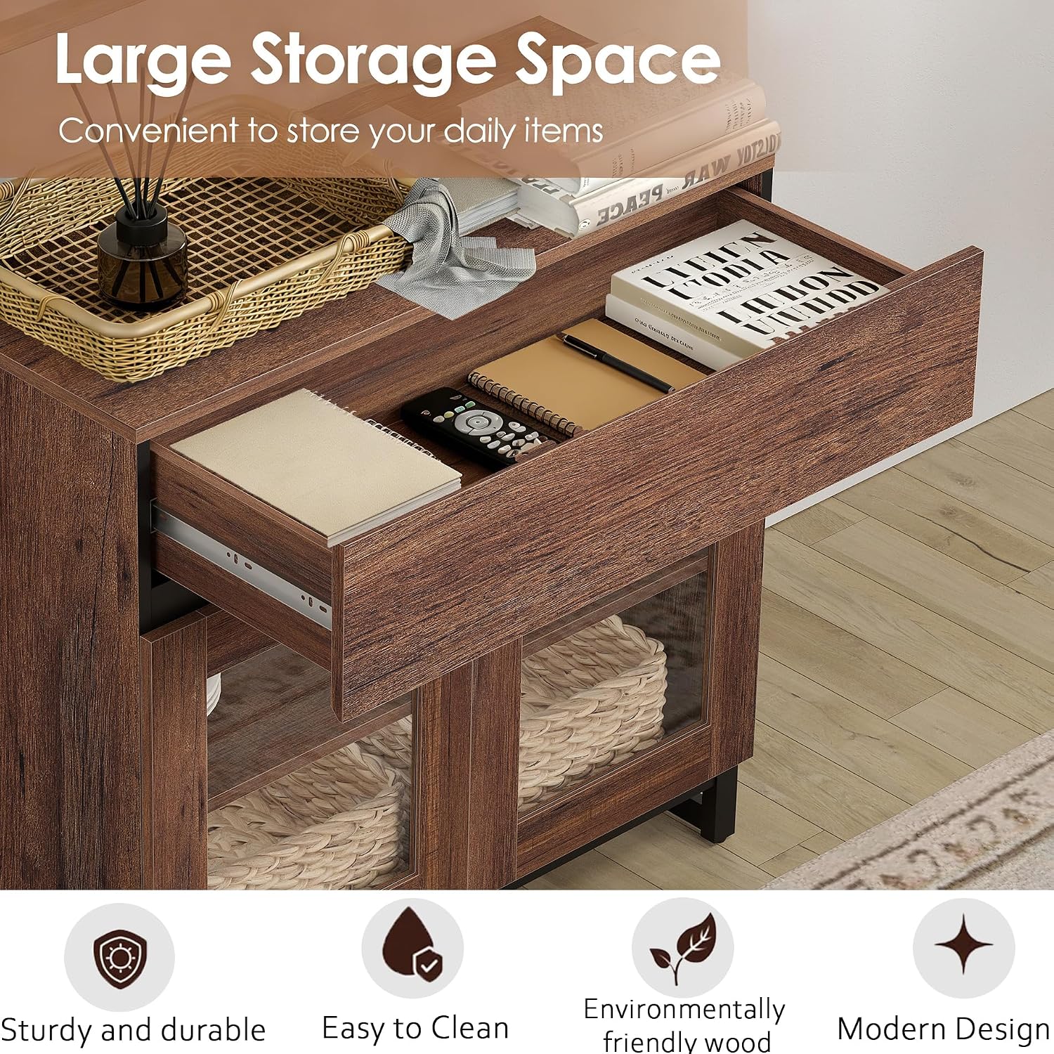 WAMPAT Modern TV Stand with Glass Doors for 80-120 inch TVs, 4 in 1 Entertainment Center Console with 4 Drawers and Metal Base for Living Room, Bedroom, Brown