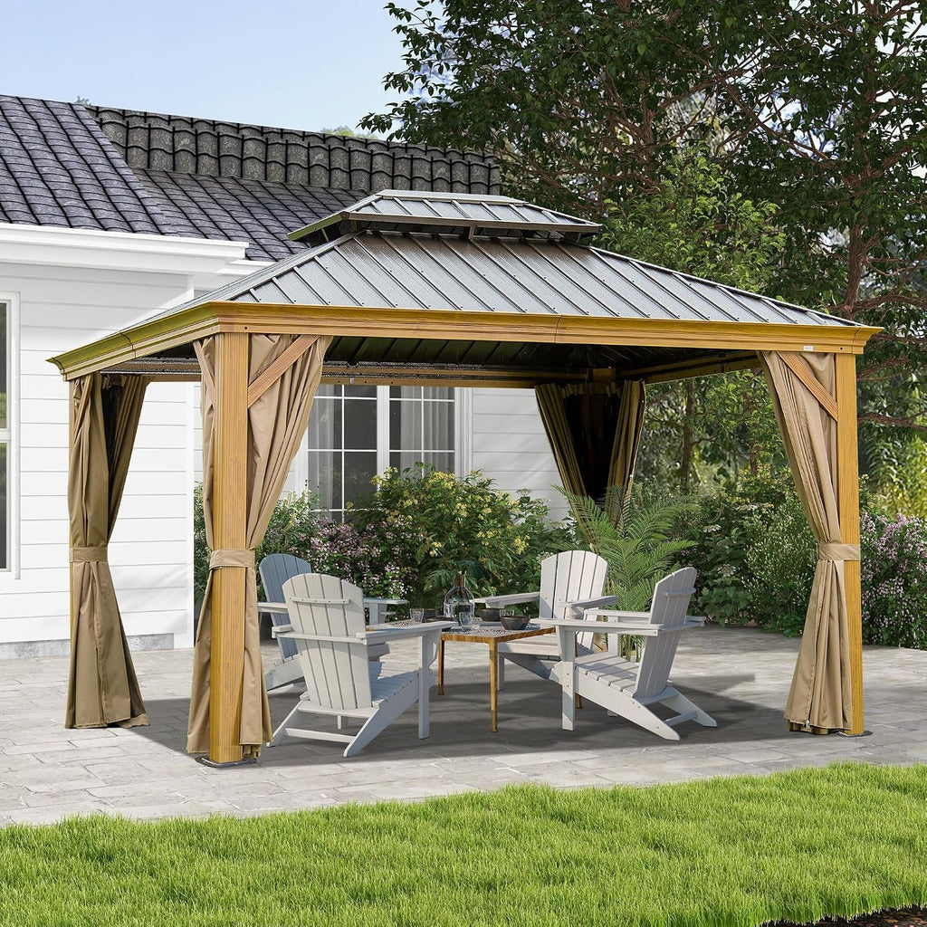 GOWE 10' X 14' Hardtop Gazebo Outdoor Metal Gazebo Canopy with Galvanized Steel Double Roof, Wood Grain Aluminum Frame, Curtains and Netting for Patio, Deck, Garden