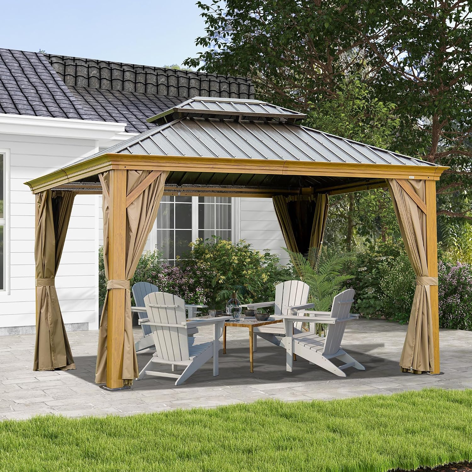 GOWE 10' X 14' Hardtop Gazebo Outdoor Metal Gazebo Canopy with Galvanized Steel Double Roof, Wood Grain Aluminum Frame, Curtains and Netting for Patio, Deck, Garden