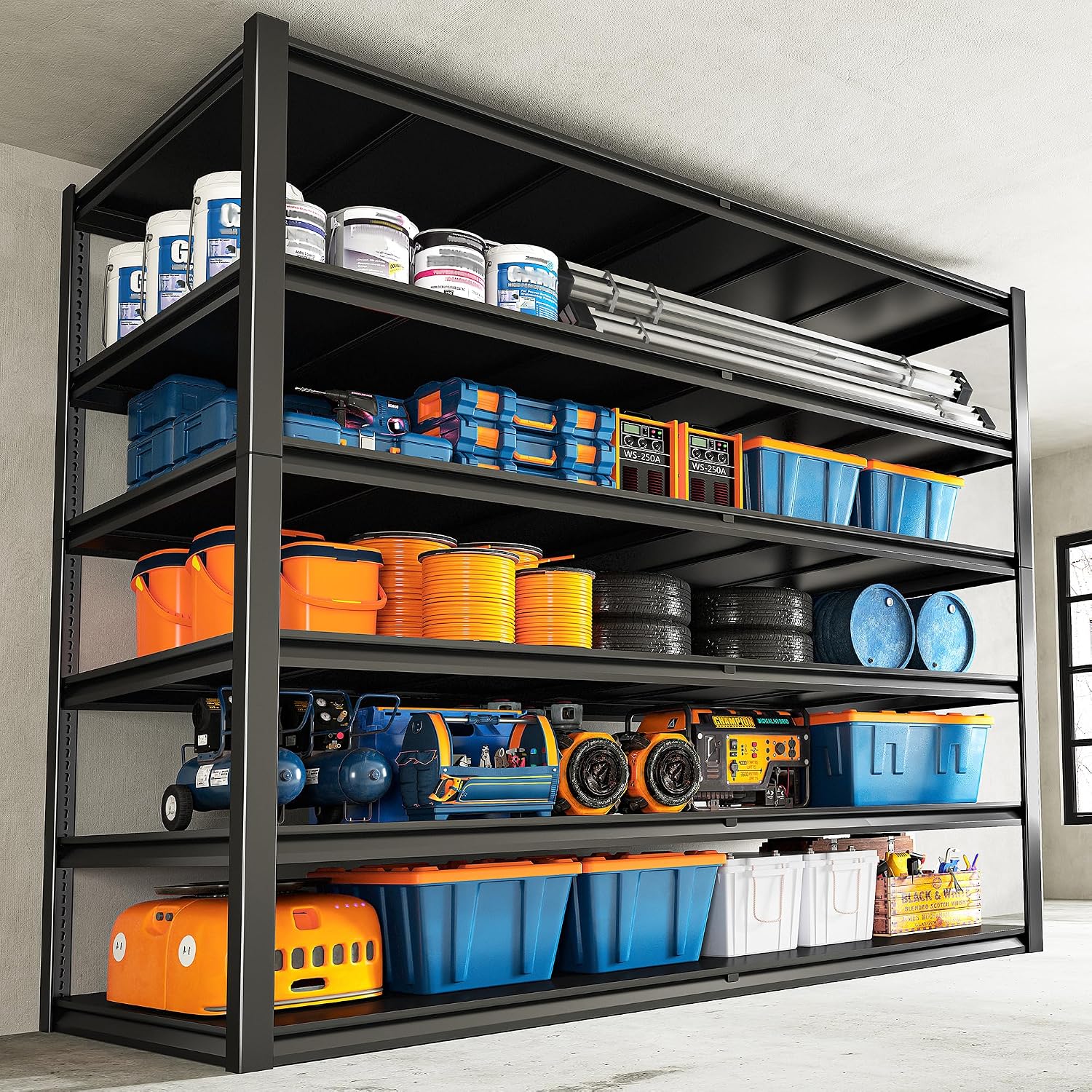 REIBII 84.1' H Garage Shelving, 3500LBS Storage Shelves Heavy Duty, Adjustable 6-Tier Metal Shelving for Commercial, Warehouse, Basement, Garage,Shop, 55.1' W x 25.8' D x 84.1' H