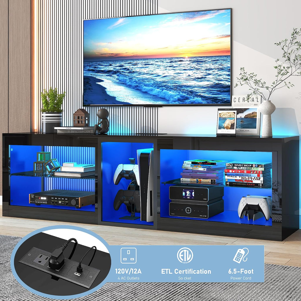 Vinctik 6&Fox LED TV Stands w/Power Outlet,60,00-Colors Lighting for 60 65in TV, 55' Modern High Gloss Entertainment Center,TV Console W/Adjustable Glass Shelves for Living Room Game Bedroom (Black)
