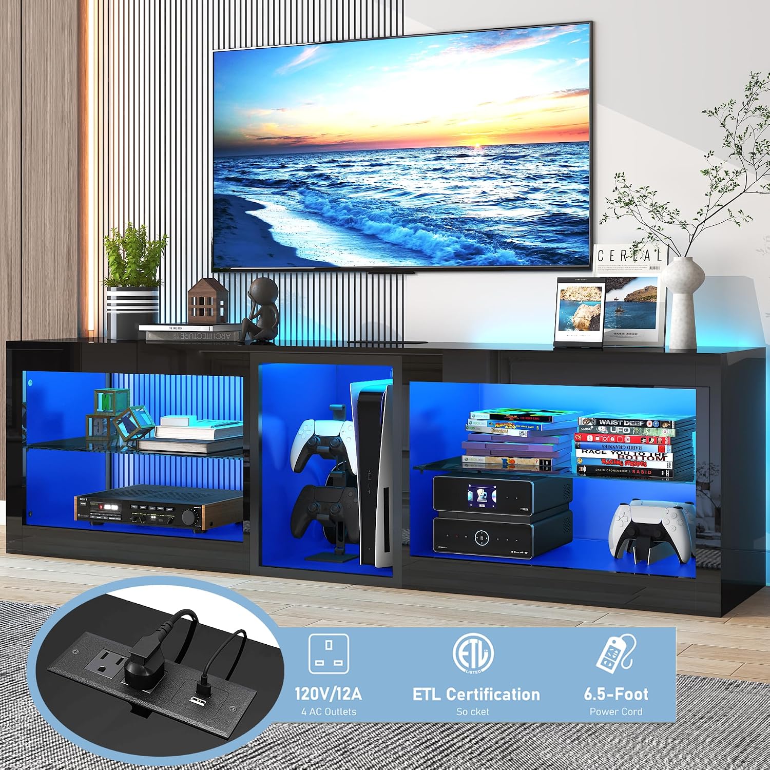 Vinctik 6&Fox LED TV Stands w/Power Outlet,60,00-Colors Lighting for 60 65in TV, 55' Modern High Gloss Entertainment Center,TV Console W/Adjustable Glass Shelves for Living Room Game Bedroom (Black)