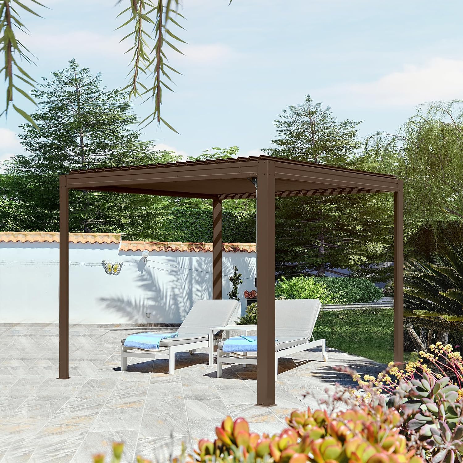 Domi Outdoor Louvered Pergola 10x10FT with Adjustable Steel Roof, Outdoor Aluminum Frame Rainproof Pergola for Backyard, Garden and Lawn,Brown