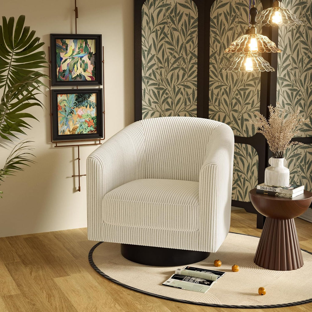 Swivel Accent Chairs Set of 2, 360° Bucket Chair, Modern Upholstered Barrel Armchair, Comfy Corduroy Single Sofa for Living Room Bedroom, Beige