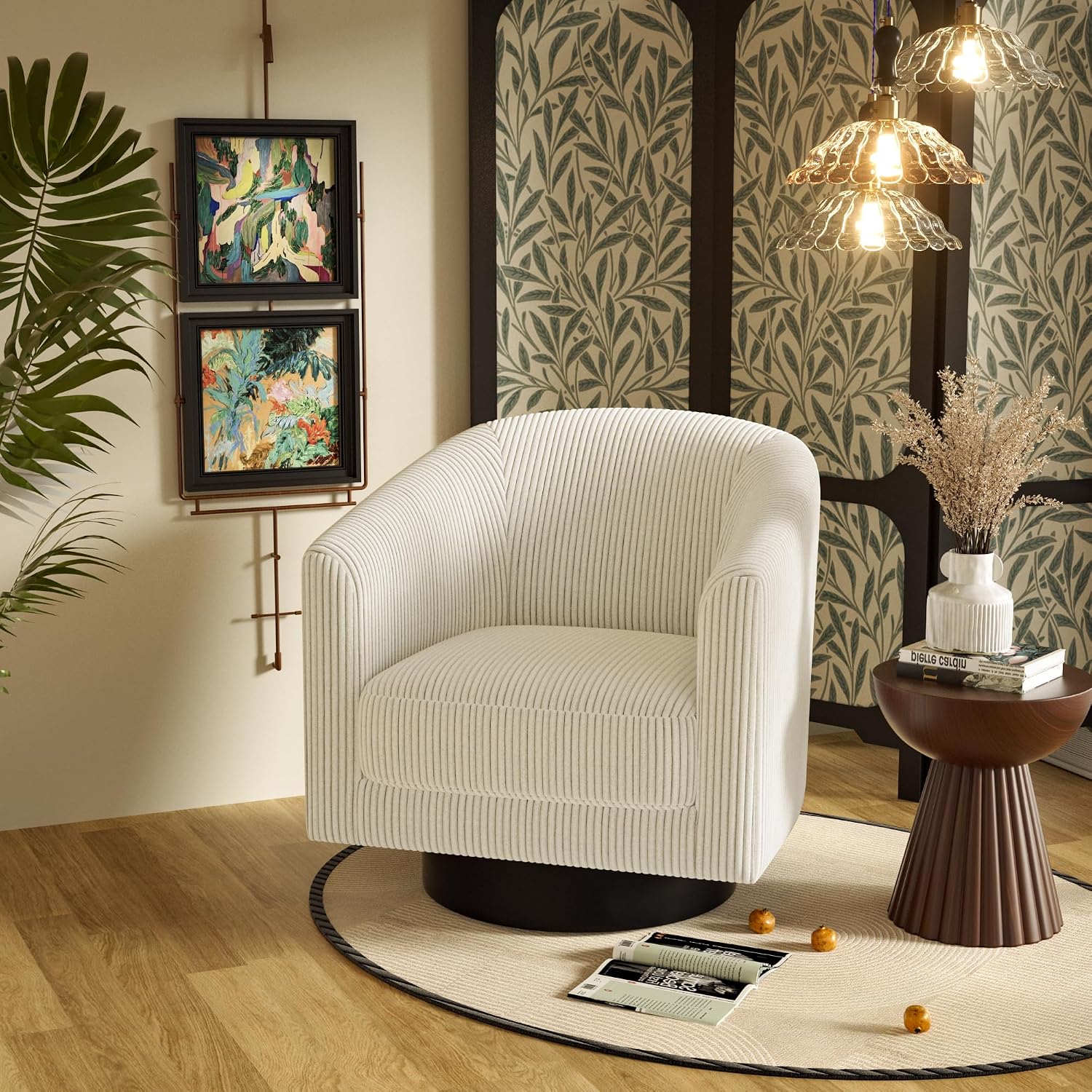 Swivel Accent Chairs Set of 2, 360° Bucket Chair, Modern Upholstered Barrel Armchair, Comfy Corduroy Single Sofa for Living Room Bedroom, Beige