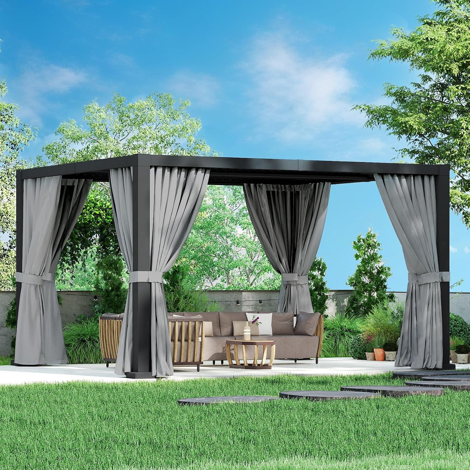 14×12FT Modern Louvered Pergola, Adjustable Aluminum Outdoor Pavilion for Patio, Garden, and Backyard Relaxation