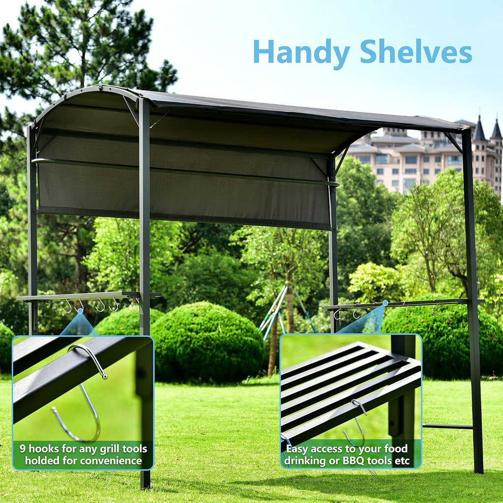 Outdoor 7Ft.Wx4.5Ft.L Iron Double Tiered Backyard Patio BBQ Grill Gazebo with Side Awning, Bar Counters and Hooks, Gray