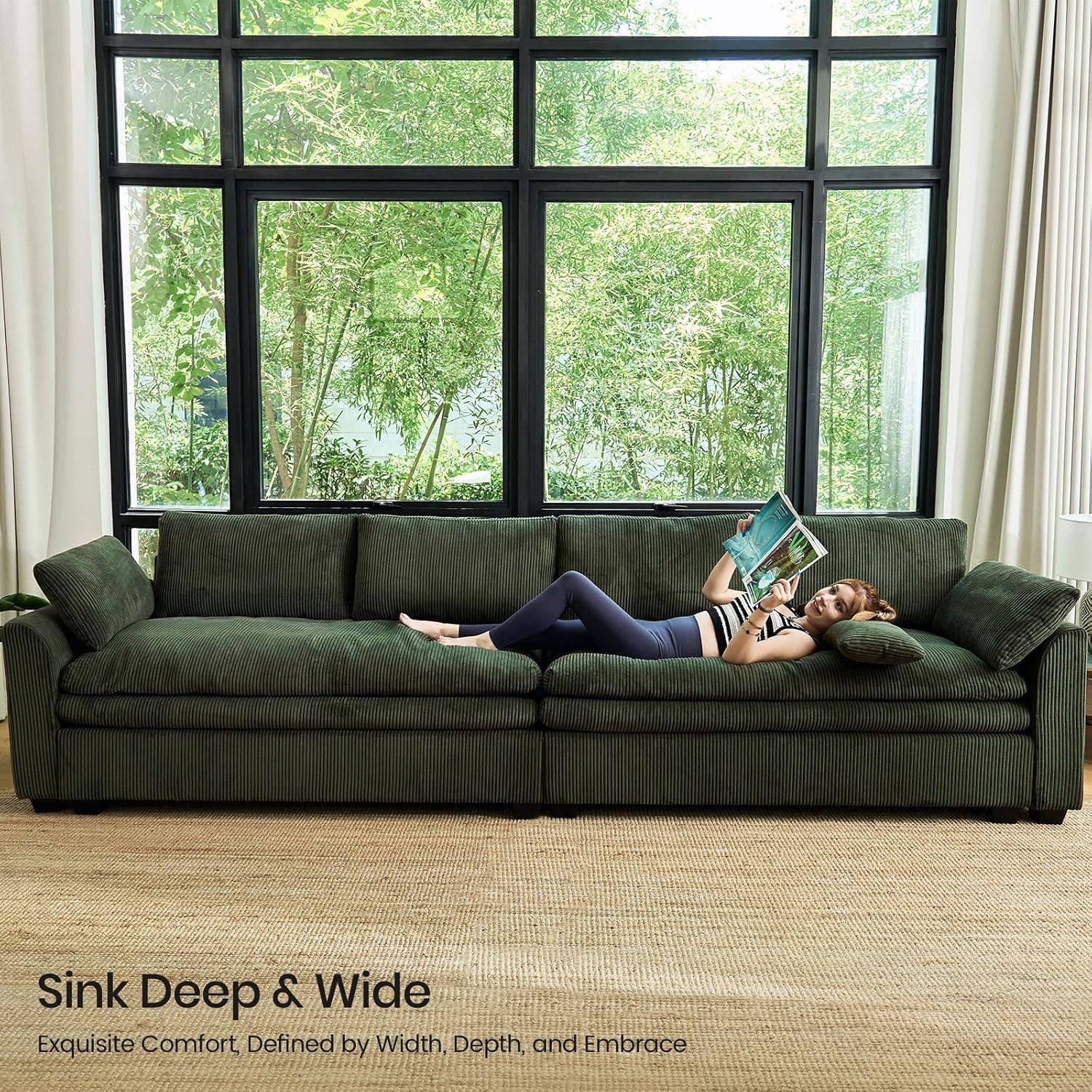 Belffin Large Modular Sectional Sofa with Deep Chaise, Corduroy U Shaped Couch with 9' Soft Dual-Layer 7 Seats Cushion for Living Room, Apartment, Green