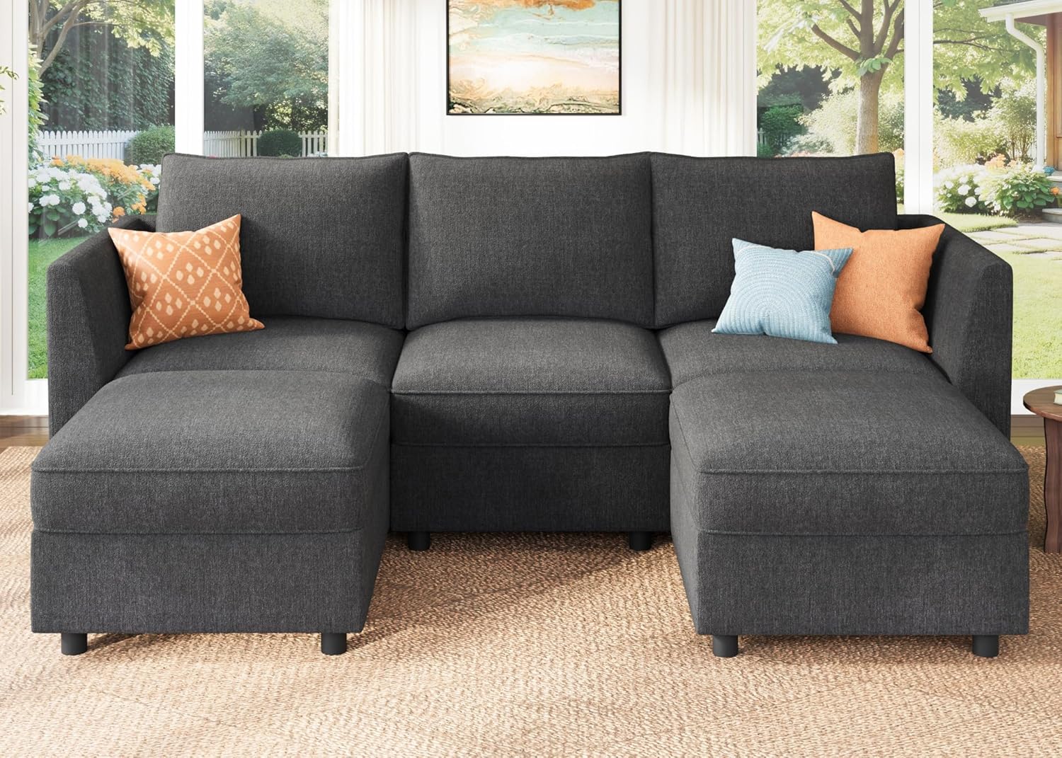 HONBAY Modular Sectional Sofa with Storage U Shaped Sectional Sofa, Convertible Couches for Living Room - Snowflake Velvet Grey