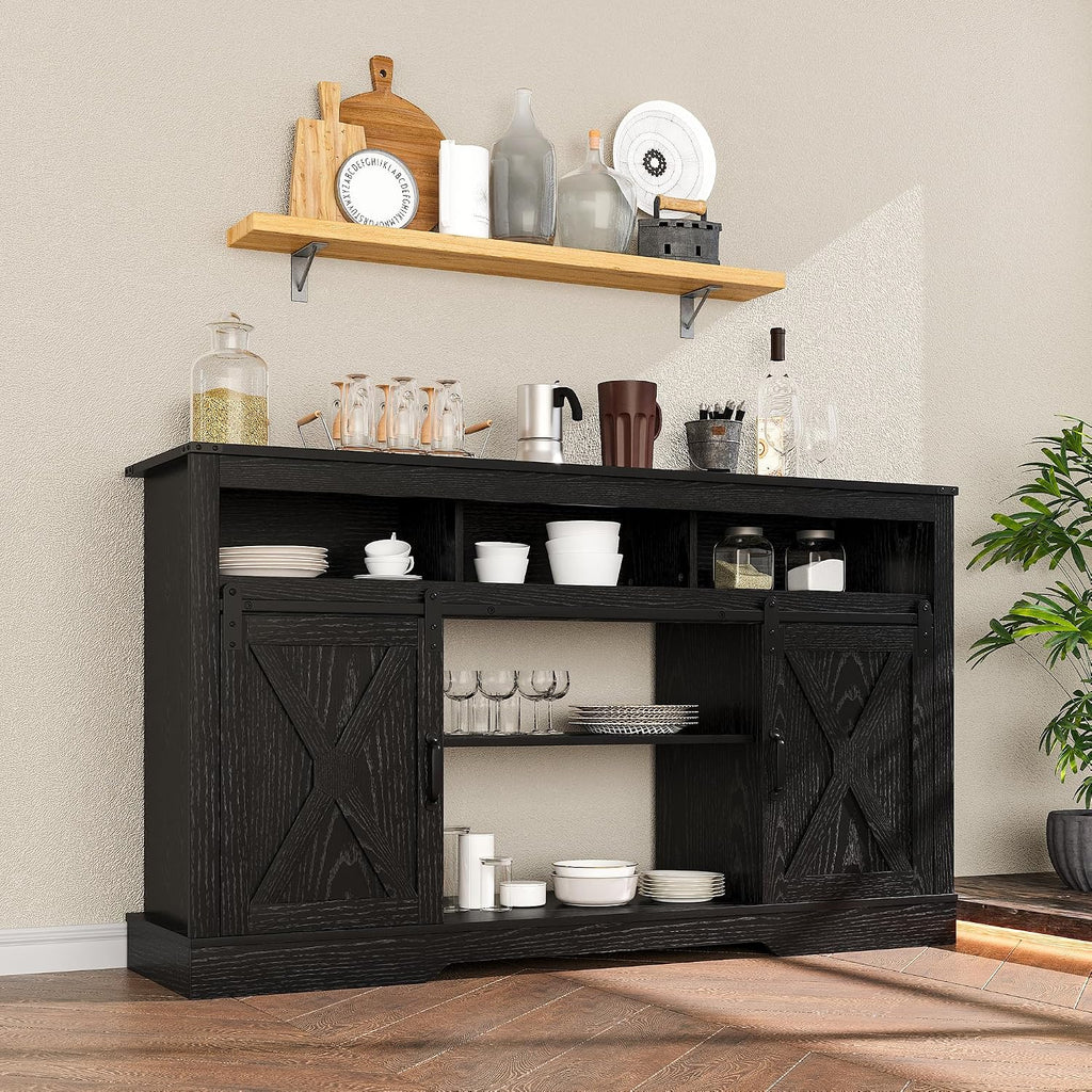 RoyalCraft Farmhouse TV Stand for 65+ Inch TV, Tall Entertainment Center with Storage Cabinets and Sliding Barn Doors, Mid Century Modern Media TV Console Table for Living Room (Rustic Black)