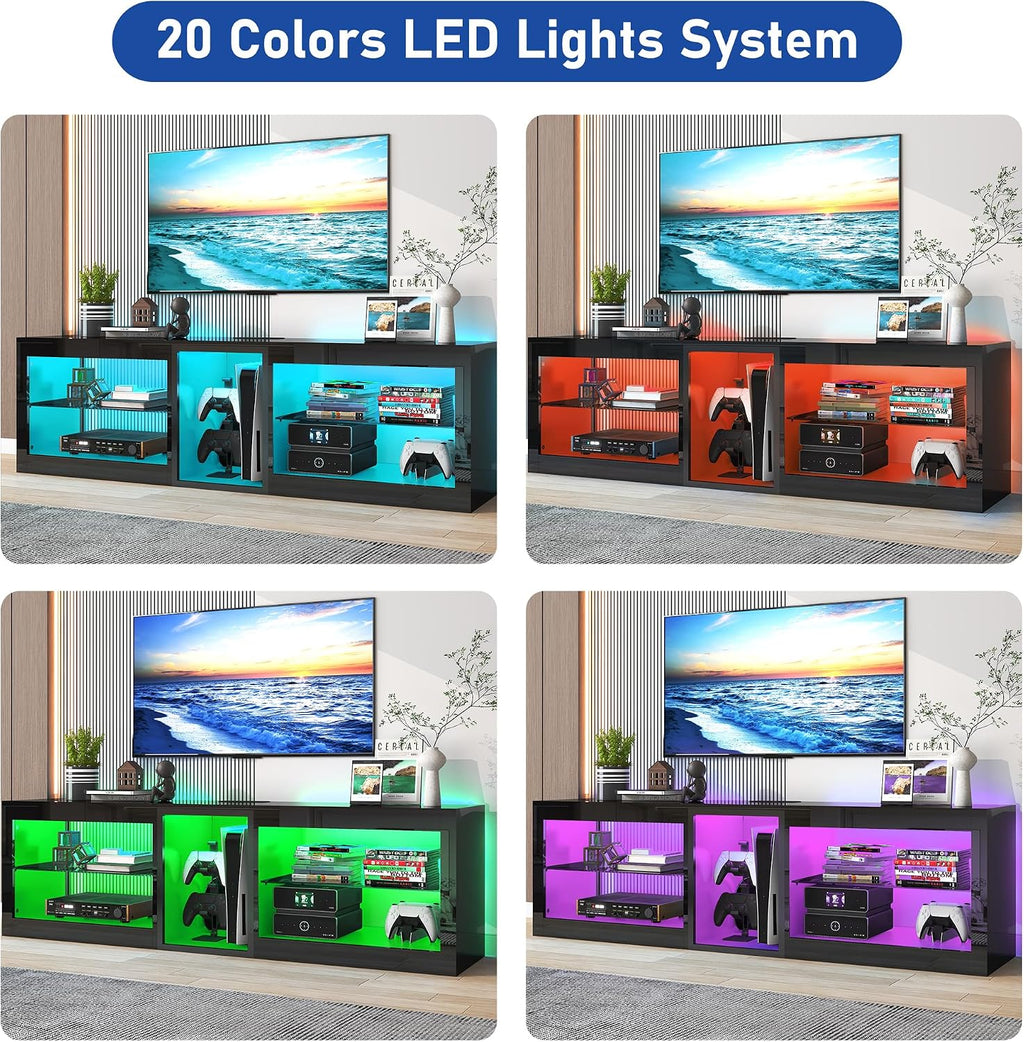 Vinctik 6&Fox LED TV Stands w/Power Outlet,60,00-Colors Lighting for 60 65in TV, 55' Modern High Gloss Entertainment Center,TV Console W/Adjustable Glass Shelves for Living Room Game Bedroom (Black)
