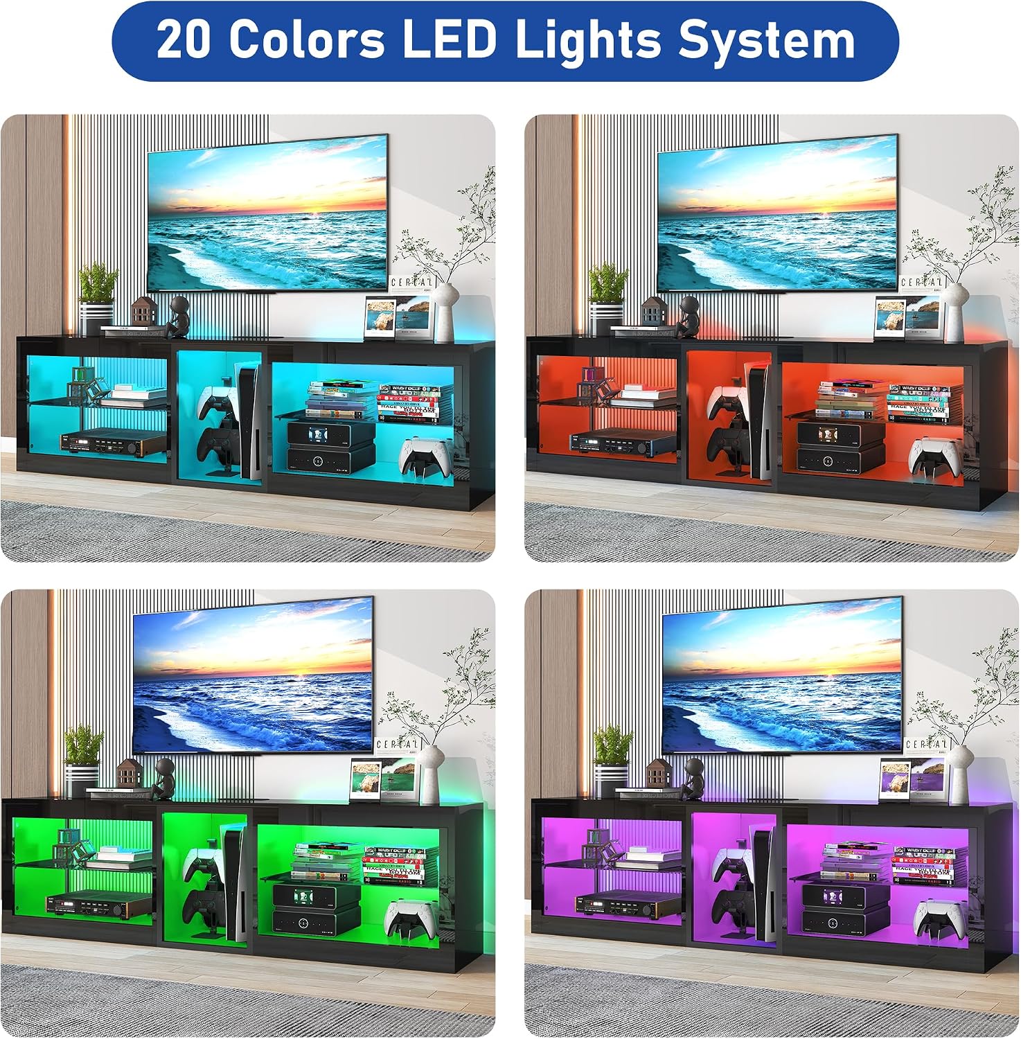 Vinctik 6&Fox LED TV Stands w/Power Outlet,60,00-Colors Lighting for 60 65in TV, 55' Modern High Gloss Entertainment Center,TV Console W/Adjustable Glass Shelves for Living Room Game Bedroom (Black)