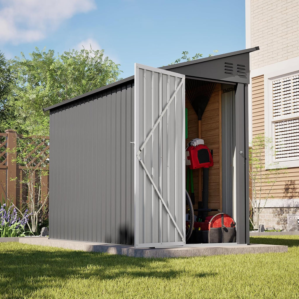 YOPTO 4×8 FT Lean to Metal Shed,Outdoor Heavy-Duty Storage Shed with Floor Base,All Weather Waterproof Garden Tool House W/Lockable Door&2 Air Vents,Reversible Door Design,for Backyard,Patio,Lawn,Gray