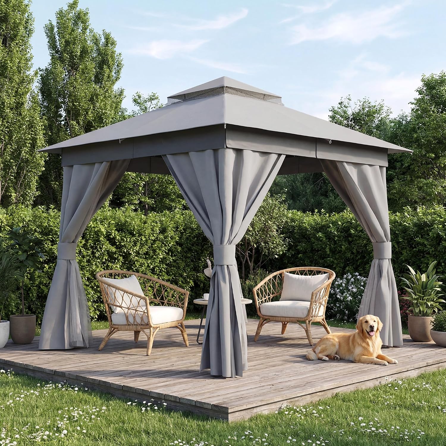 LAUSAINT HOME 8'x8' Outdoor Patio Gazebo, Heavy Duty Party Tent & Shelter with Double Roofs, Mosquito Nettings and Privacy Screens for Backyard, Garden, Deck (Grey)