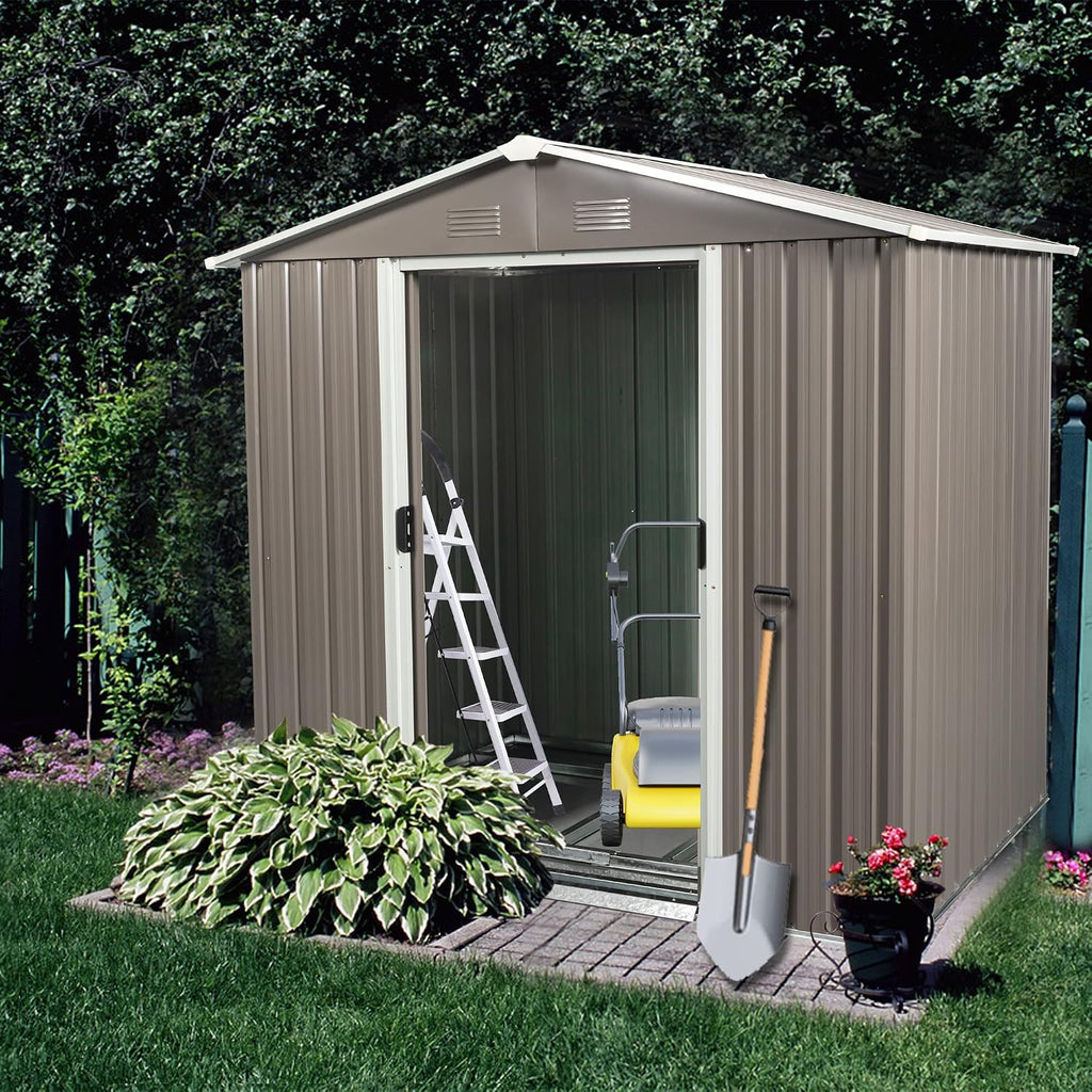 6X5 ft Outdoor Metal Storage Shed with Floor Floor, Lockable Galvanized Steel Tool Shed with Sliding Door and Air Vent, Waterproof Garden Storage House for Backyard, Patio