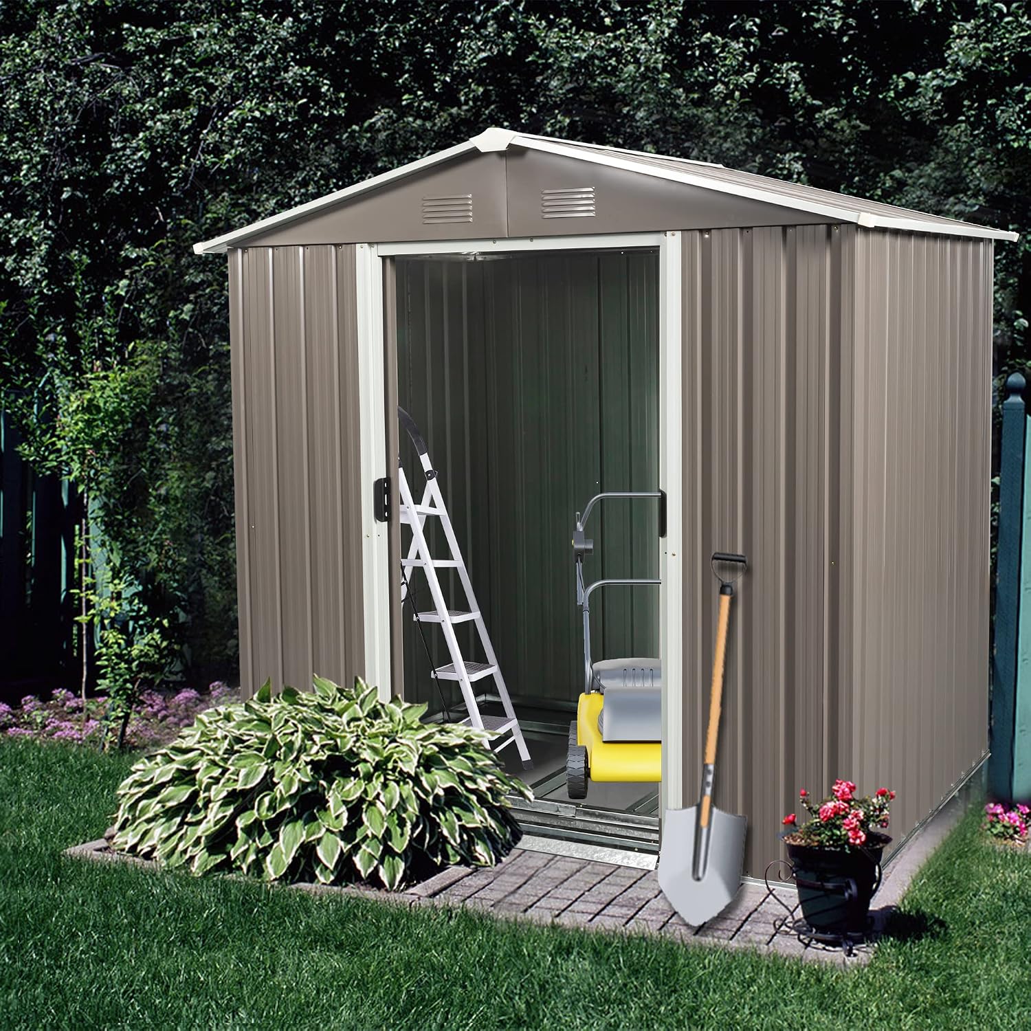 6X5 ft Outdoor Metal Storage Shed with Floor Floor, Lockable Galvanized Steel Tool Shed with Sliding Door and Air Vent, Waterproof Garden Storage House for Backyard, Patio