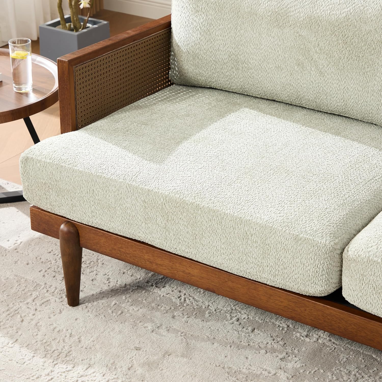 Christopher Knight Home Emir Modern 3 Seater Sofa Couch, Wooden Home Sofa Living Room, Spacious Seating for Bedroom, Home Office, Comfy Cloud Couch, Walnut + Light Green
