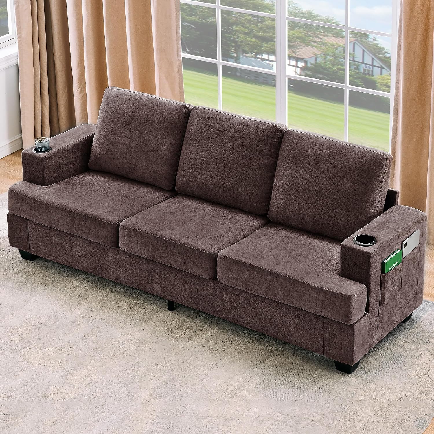 89' Chenille 3-Seater Sofa with Cup Holders and Side Storage Pockets, Modern Sofa for Living Room, Deep Seat Couches for Apartment Lounge, Brown